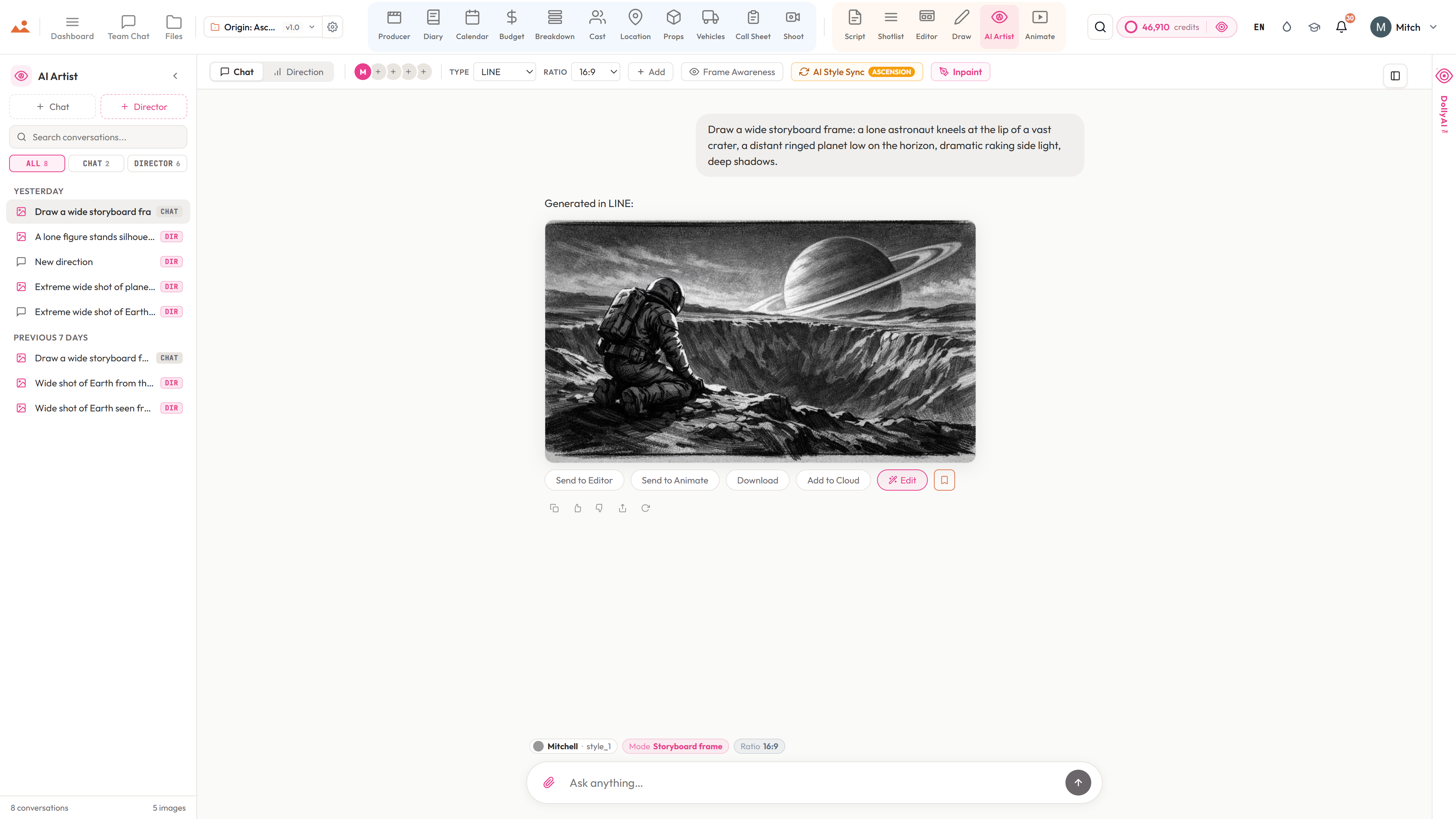 DollyAI chat mode generating an Origin: Ascension storyboard frame in the project's locked house style