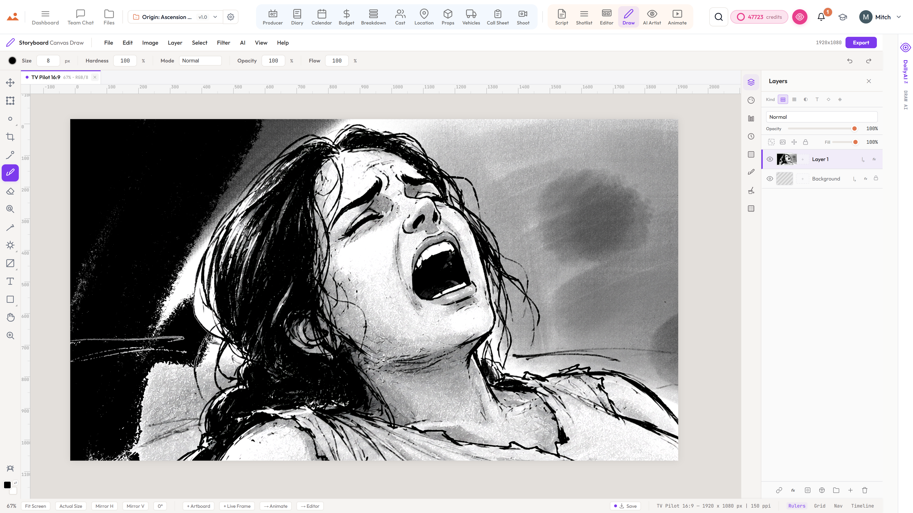 The pro Draw studio - painting over a storyboard frame on the GPU canvas